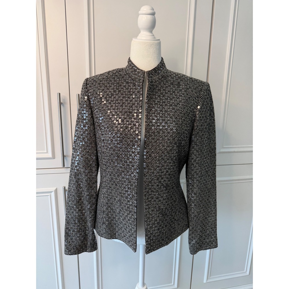 Albert Nipon Sequin Silk Jacket Womens 8 Black White Very Good Mandarin Collar